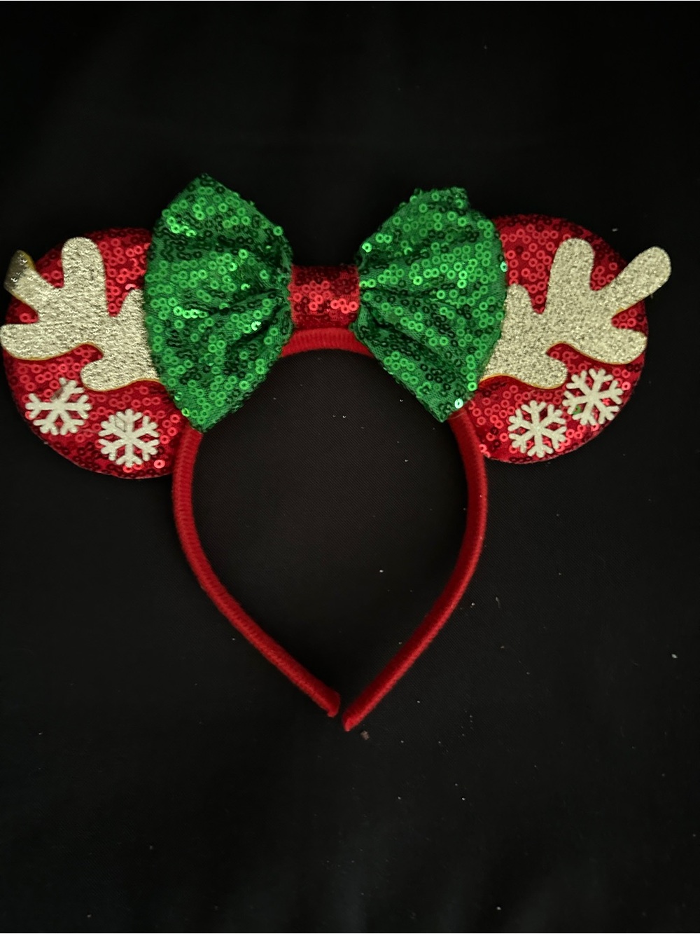 Holiday Reindeer Ear Headband with Green Sequin Bow - Kids Costume